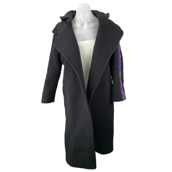 Sandro Womens Black Wool Striped Long Sleeve Hooded Hoodie Long Coat Jacket US 6 - Picture 1 of 5